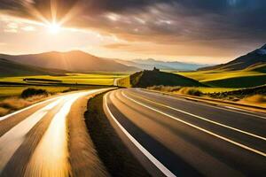 a road in the mountains with the sun setting. AI-Generated photo
