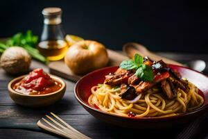 spaghetti with mushrooms and tomatoes in a red bowl on a wooden table. AI-Generated photo