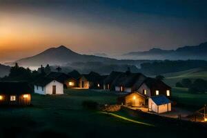 a village at sunset with a mountain in the background. AI-Generated photo