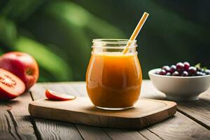 un vaso tarro con naranja jugo y manzanas en un mesa. generado por ai foto