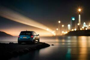 a car parked on the shore at night with lights in the background. AI-Generated photo