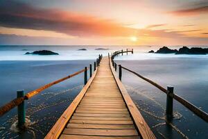 the boardwalk is a long wooden walkway that leads to the ocean. AI-Generated photo