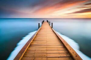 a long exposure photo of a wooden dock stretching out into the ocean. AI-Generated