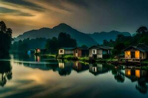 houses on the water in the mountains. AI-Generated photo