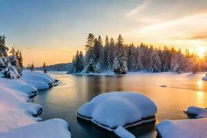 photo wallpaper the sky, snow, trees, river, sun, winter, trees, river,. AI-Generated