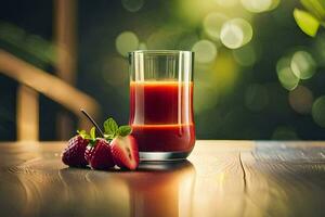 a glass of juice with strawberries on a wooden table. AI-Generated photo