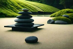 un japonés jardín con piedras y césped. generado por ai foto