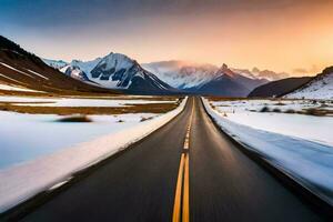 a road in the snow with mountains in the background. AI-Generated photo