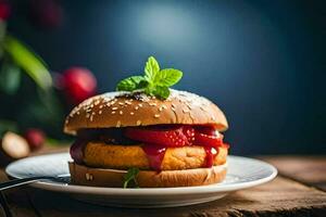a hamburger with strawberry sauce on a plate. AI-Generated photo