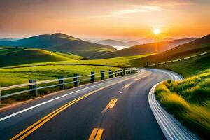 a road with the sun setting over the hills. AI-Generated photo