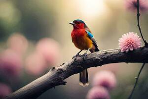 a colorful bird sits on a branch with pink flowers. AI-Generated photo