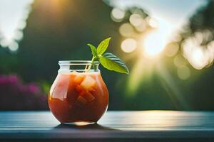 a glass of juice with a leaf on top. AI-Generated photo