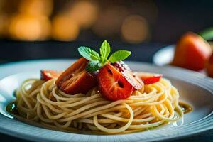 un plato de espaguetis con Tomates y menta hojas. generado por ai foto