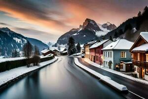 a river runs through a snowy village at sunset. AI-Generated photo