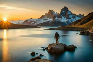 the man stands on the rocks overlooking the lake and the mountains. AI-Generated photo