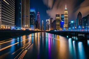 un ciudad horizonte a noche con luces en el edificios generado por ai foto