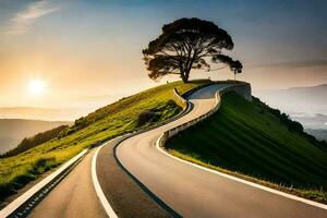 a winding road with a tree on top of it. AI-Generated photo