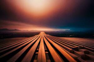 the sun is setting over a long wooden bridge. AI-Generated photo