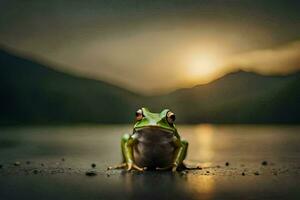 a frog sitting on the ground in front of a lake. AI-Generated photo