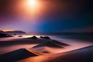 un playa con arena dunas y un Dom brillante terminado él. generado por ai foto