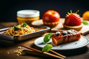 un plato con un rebanada de carne, un cuenco de tallarines y un cuenco de fresas generado por ai foto