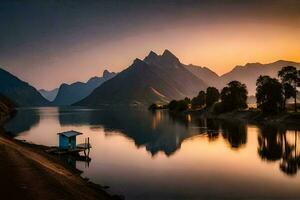 un lago y montañas a puesta de sol. generado por ai foto