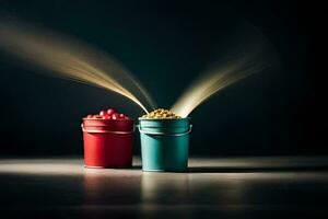 two buckets with food in them and smoke coming out of them. AI-Generated photo