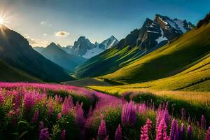 the sun shines on the mountains and flowers in the valley. AI-Generated photo