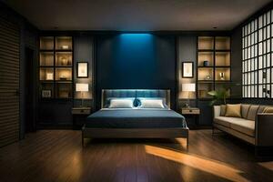 un dormitorio con azul paredes y madera pisos generado por ai foto