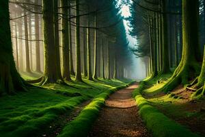 un camino mediante un bosque con arboles y césped. generado por ai foto