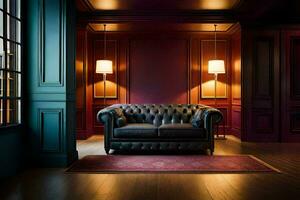a leather couch in a room with red walls and wooden floors. AI-Generated photo