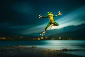 a frog jumping in the air at night. AI-Generated photo