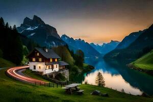 un casa se sienta en el lado de un montaña con vista a un lago. generado por ai foto