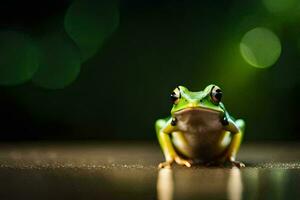 a frog sitting on a wooden table with a green background. AI-Generated photo