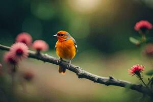 a small orange bird sits on a branch with pink flowers. AI-Generated photo