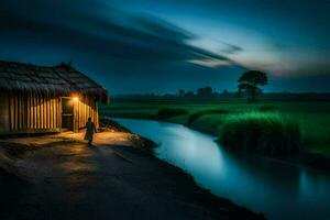 the man is standing in front of a small hut in the middle of the river. AI-Generated photo
