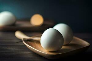 three eggs on a wooden tray. AI-Generated photo