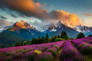 photo wallpaper mountains, the sky, clouds, flowers, the field, the mountains, the sky. AI-Generated