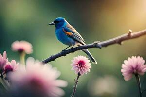 un azul pájaro se sienta en un rama con rosado flores generado por ai foto