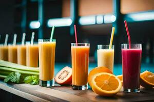 a row of glasses with different colored juices. AI-Generated photo