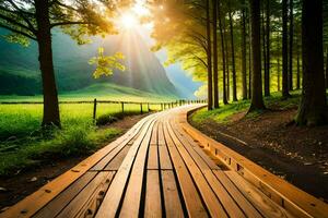 wooden path in the forest with sun shining through the trees. AI-Generated photo