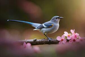 a bird perched on a branch with pink flowers. AI-Generated photo