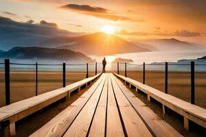 a man stands on a wooden bridge over a valley. AI-Generated photo