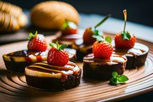 small desserts with strawberries and chocolate sauce. AI-Generated photo