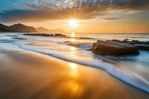 the sun rises over the ocean and waves. AI-Generated photo