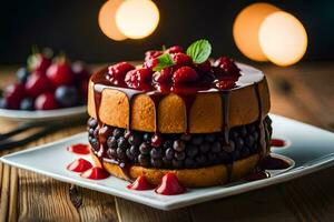 a cake with berries and chocolate on a plate. AI-Generated photo