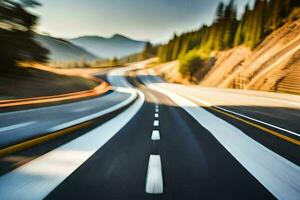 un borroso imagen de un autopista con un coche conducción en él. generado por ai foto