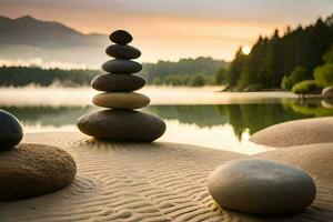 rocks stacked on top of each other in front of a lake. AI-Generated photo