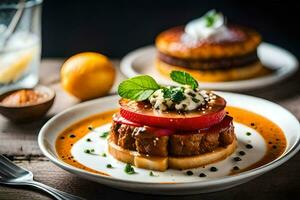 two plates with food on them and a glass of water. AI-Generated photo