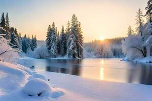 photo wallpaper the sky, snow, trees, lake, river, sunset, the sun, winter. AI-Generated